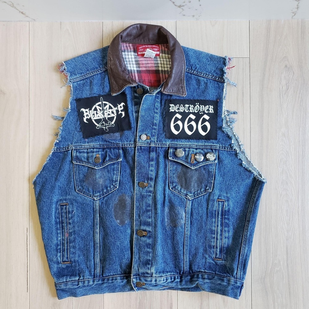 Vintage Marlboro Country‎ Store Vest Mens M Blue Denim Biker Lamb Of God Patch